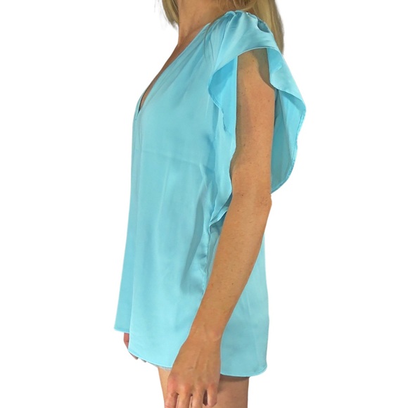 *NWT WHITE HOUSE BLACK MARKET Flutter Sleeve Silky V-Neck Top in Bermuda Blue - Picture 5 of 12